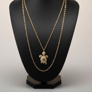Vintage Articulated Turtle Pendant Double Strand Gold Tone Necklace